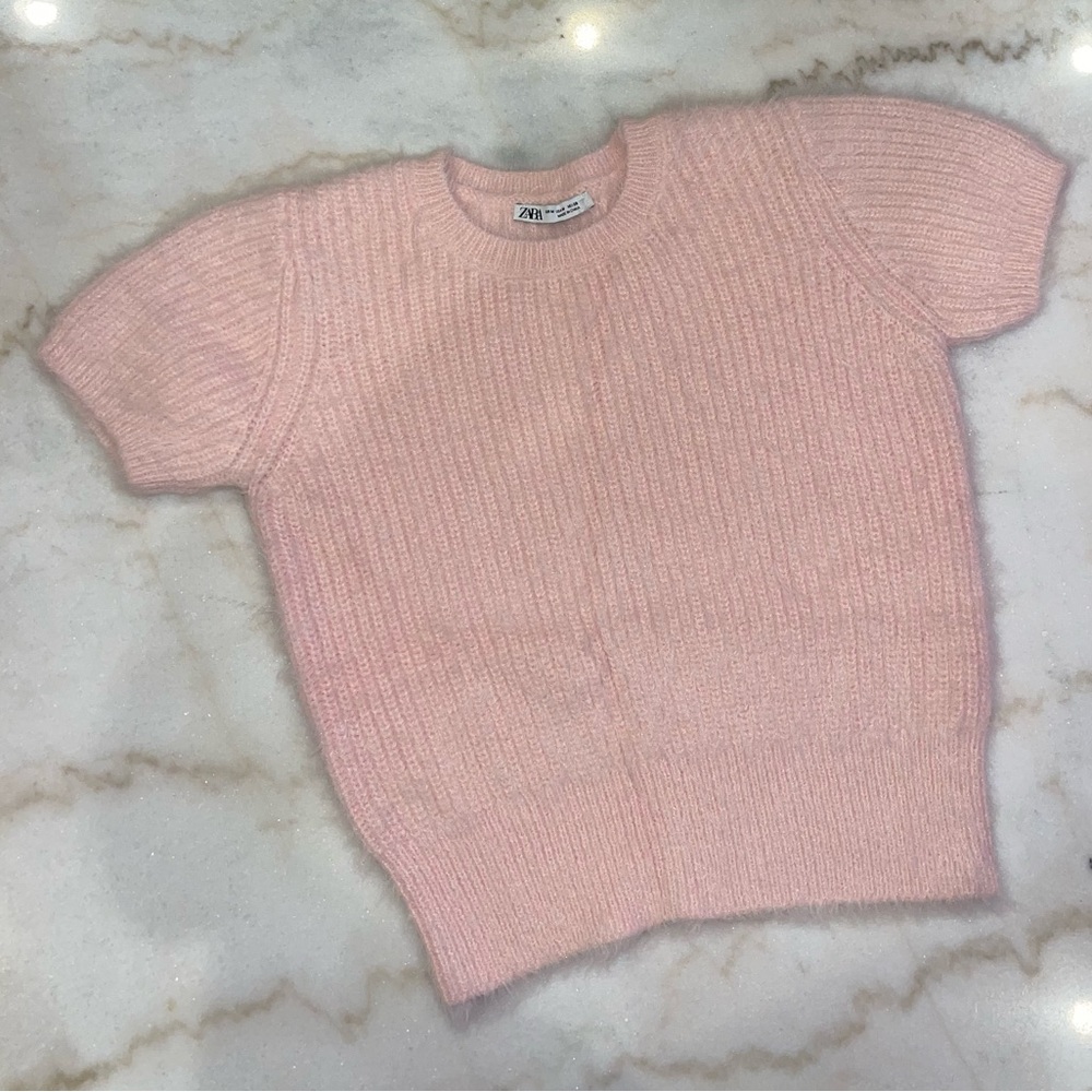 ZARA Pale Pink Short-Sleeve Ribbed Crew Sweater